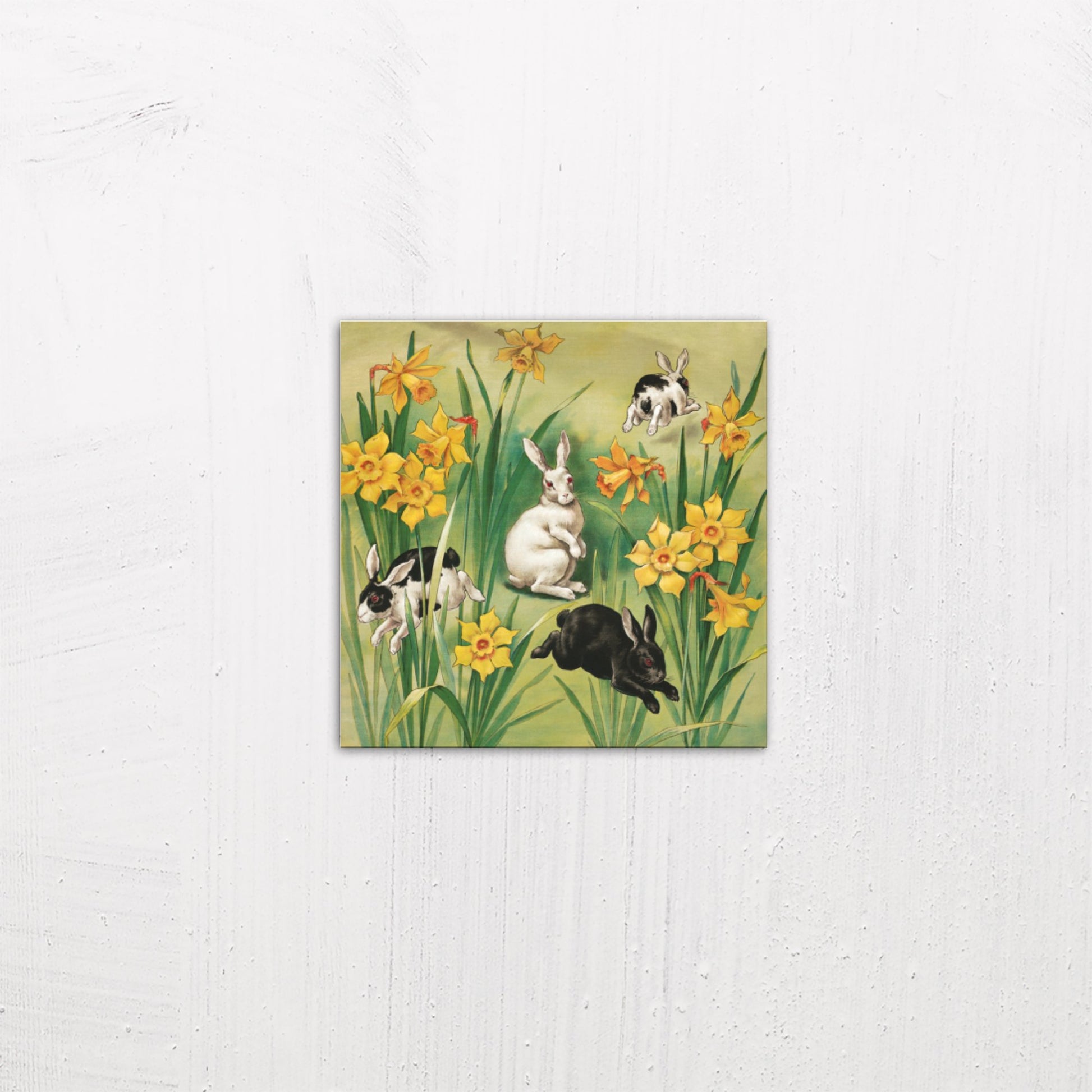 A small size metal art poster display plate with printed design of a Bunnies and Daffodils Vintage Illustration
