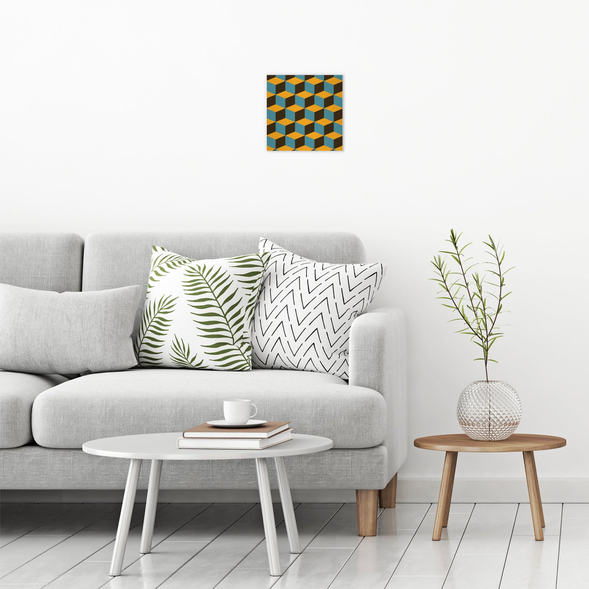 A contemporary modern room view showing a small size metal art poster display plate with printed design of a Blocks Geometric Pattern in Brown, Blue and Mustard