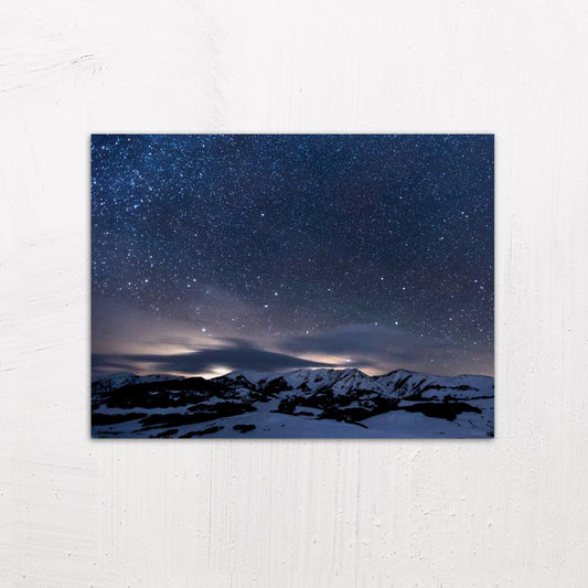 Night Sky with Galaxy of Stars over Snowy Mountains