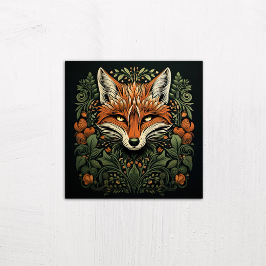 A medium size metal art poster display plate with printed design of a Fox and Foliage illustration