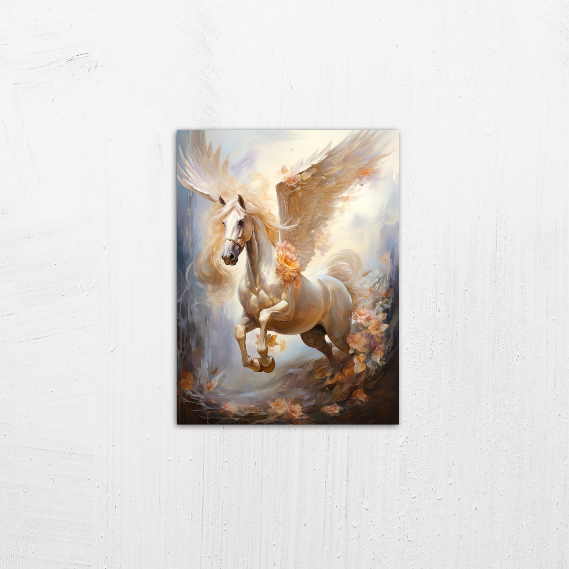A small size metal art poster display plate with printed design of a Pegasus Flying Horse Fantasy Painting