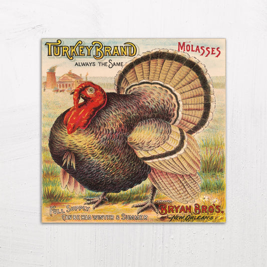 A large size metal art poster display plate with printed design of a Turkey Brand Molasses Vintage Poster