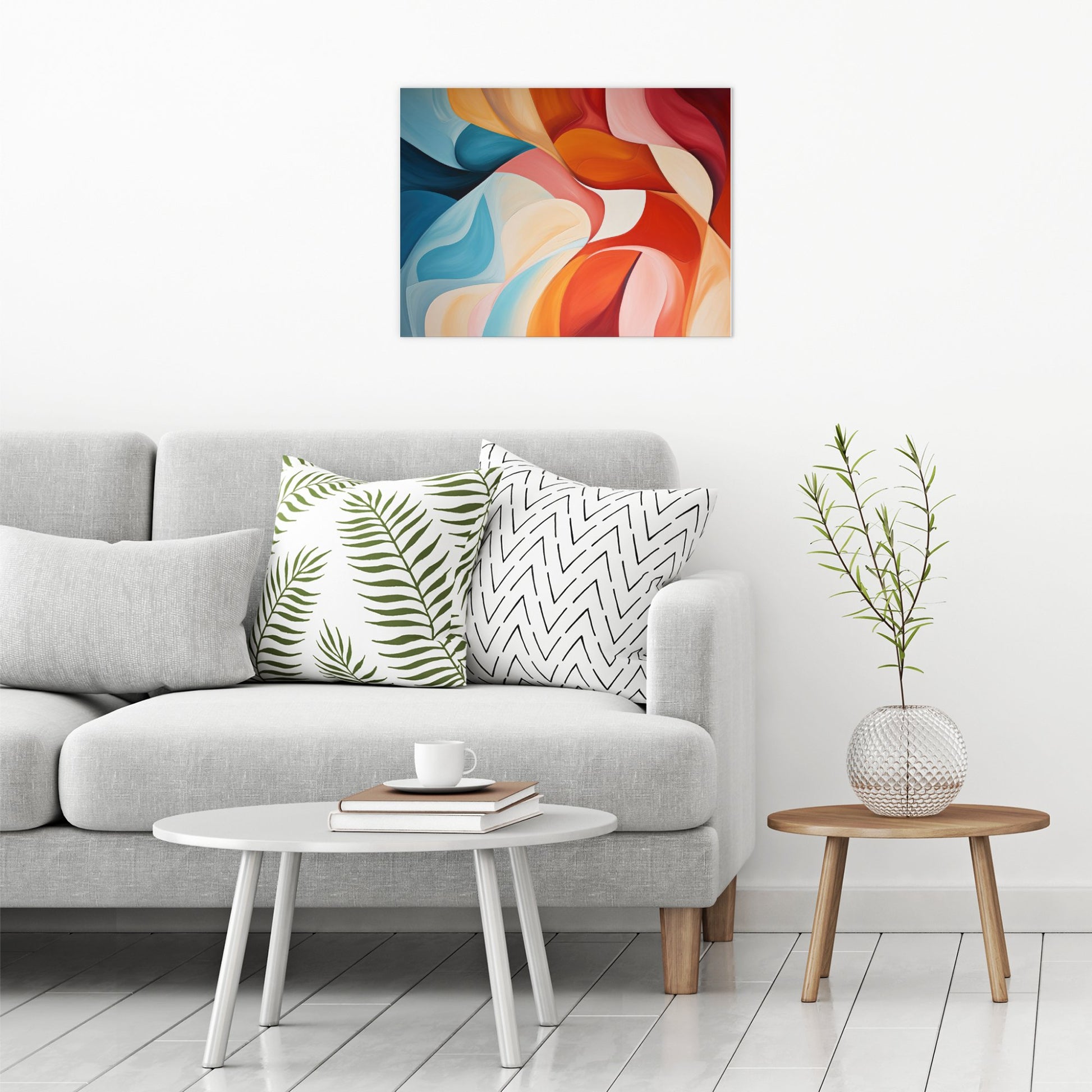 A contemporary modern room view showing a large size metal art poster display plate with printed design of a Turbulence Abstract Painting