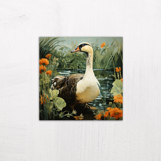 A medium size metal art poster display plate with printed design of a Goose on a Riverbank illustration