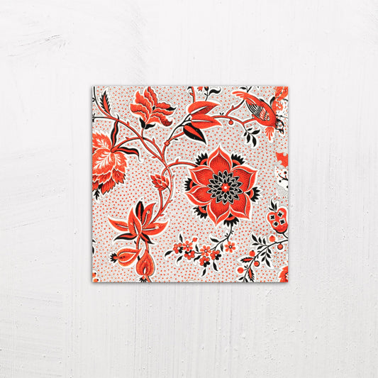 A medium size metal art poster display plate with printed design of a Vintage Red Floral Wallpaper Pattern