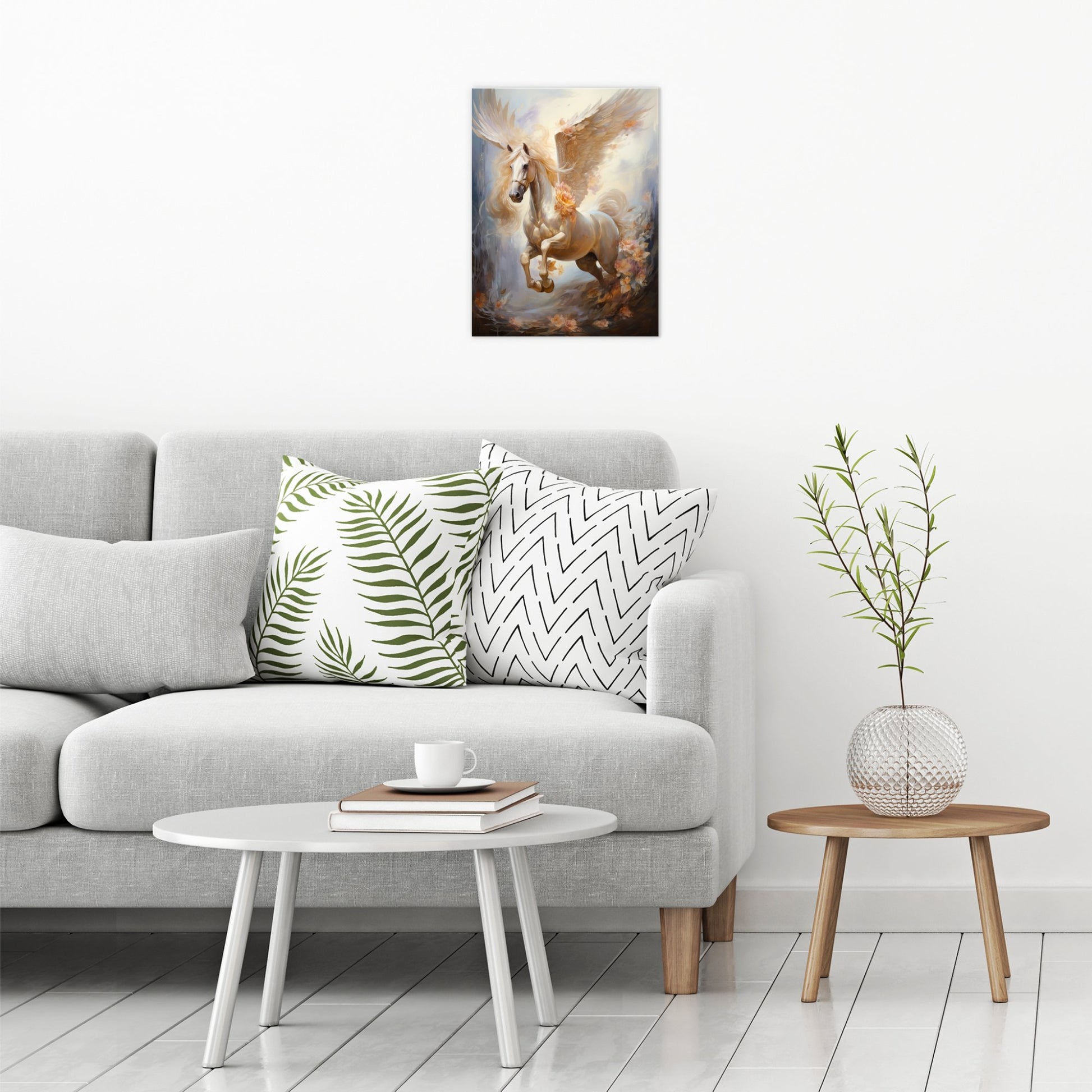A contemporary modern room view showing a medium size metal art poster display plate with printed design of a Pegasus Flying Horse Fantasy Painting
