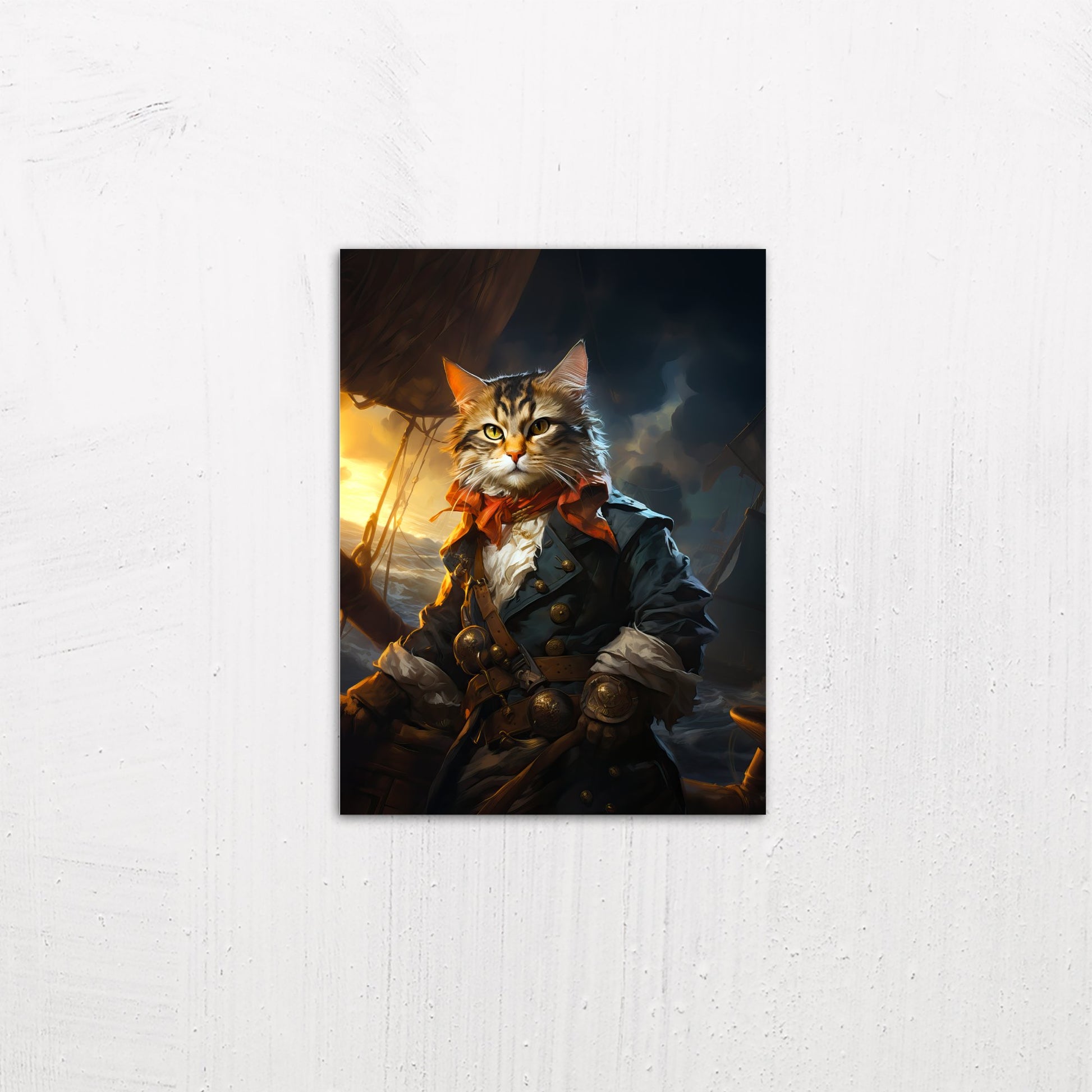 A small size metal art poster display plate with printed design of a Pet Portraits - Pirate Cat Painting