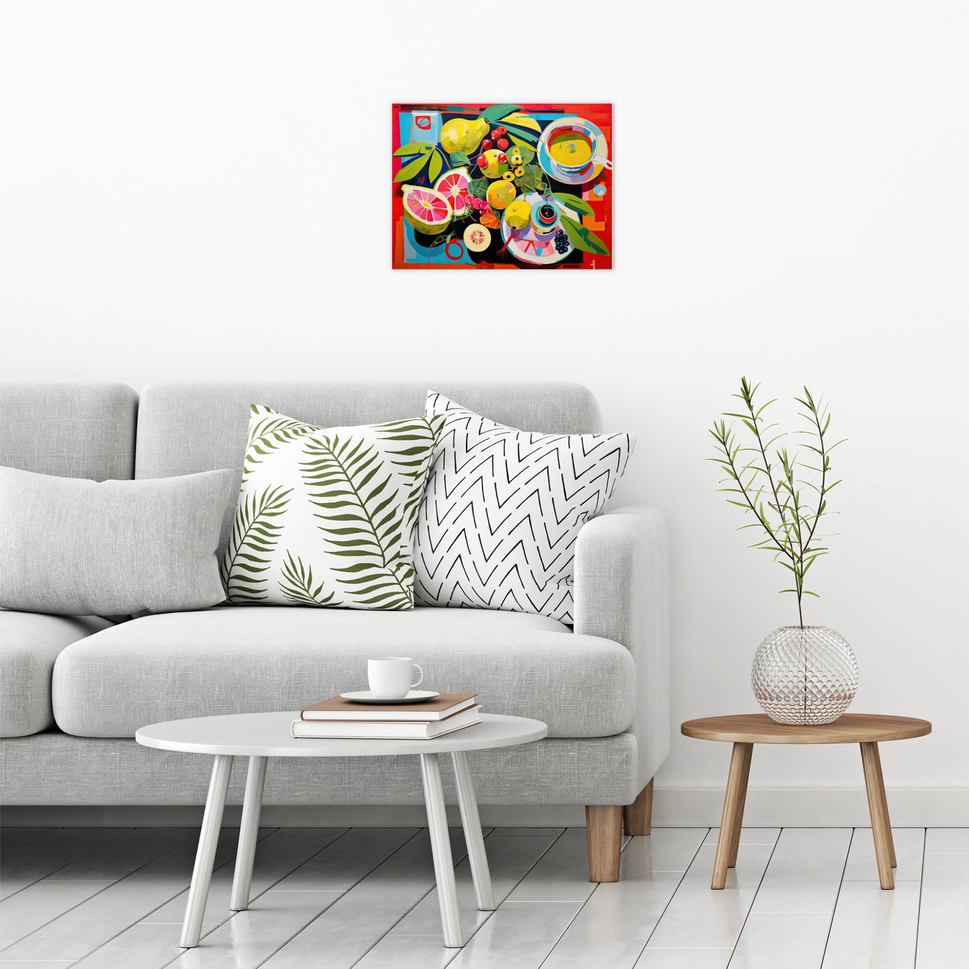 A contemporary modern room view showing a medium size metal art poster display plate with printed design of a Still Life with Fruit Painting