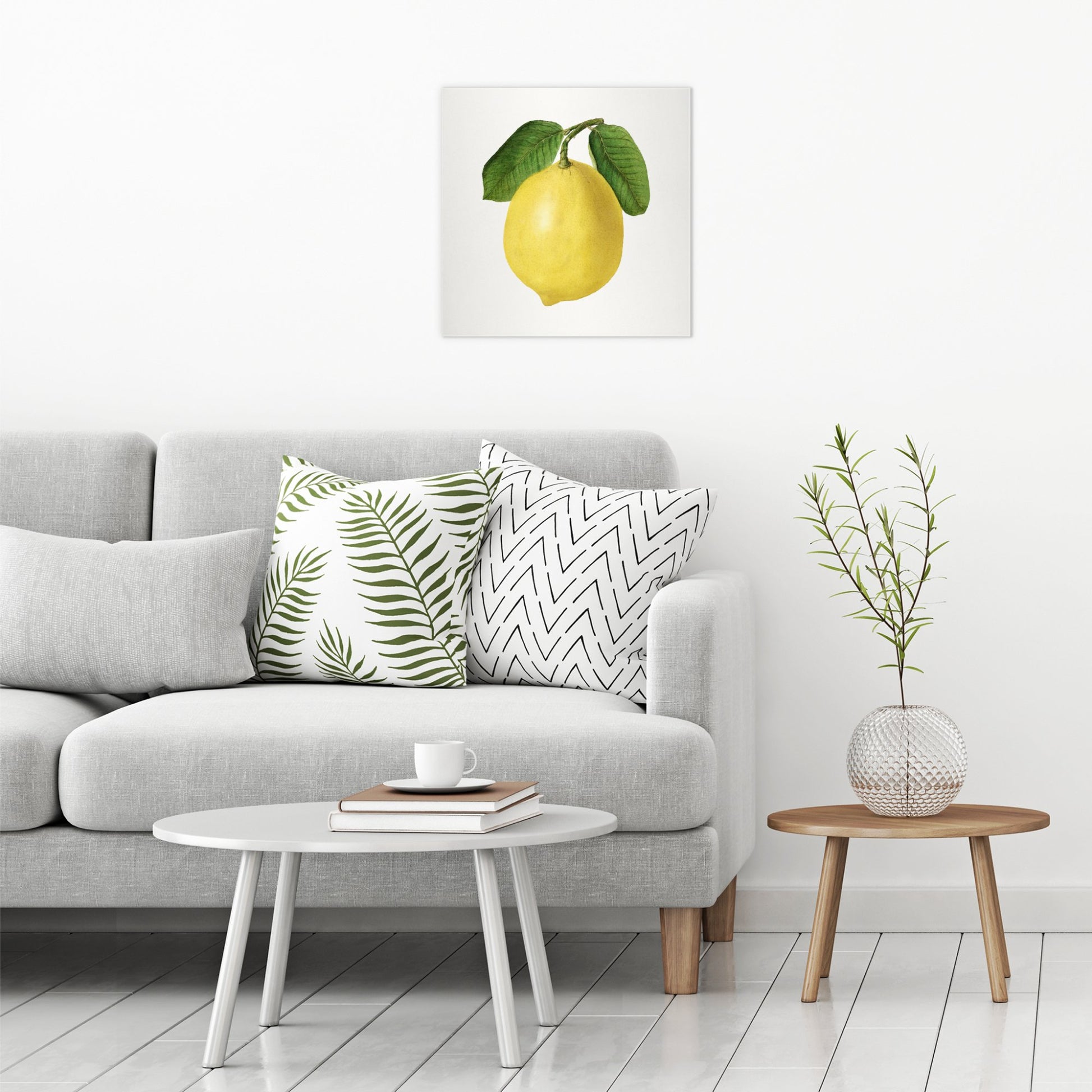 A contemporary modern room view showing a large size metal art poster display plate with printed design of a Vintage Lemon Illustration by Ellen Isham Schutt (1910)