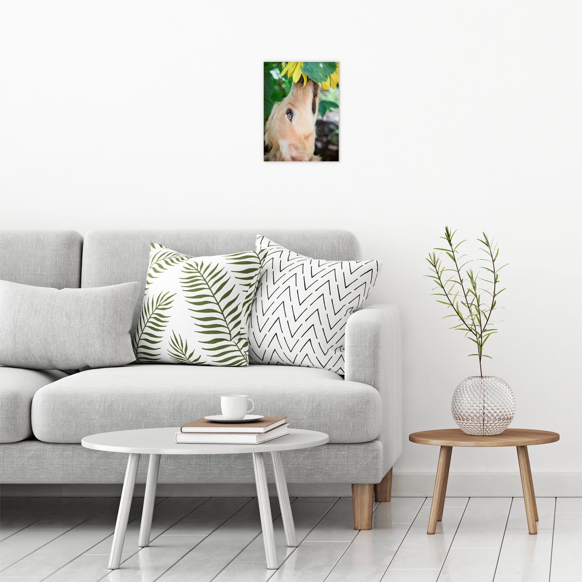 A contemporary modern room view showing a small size metal art poster display plate with printed design of a Golden Retriever with a Flower