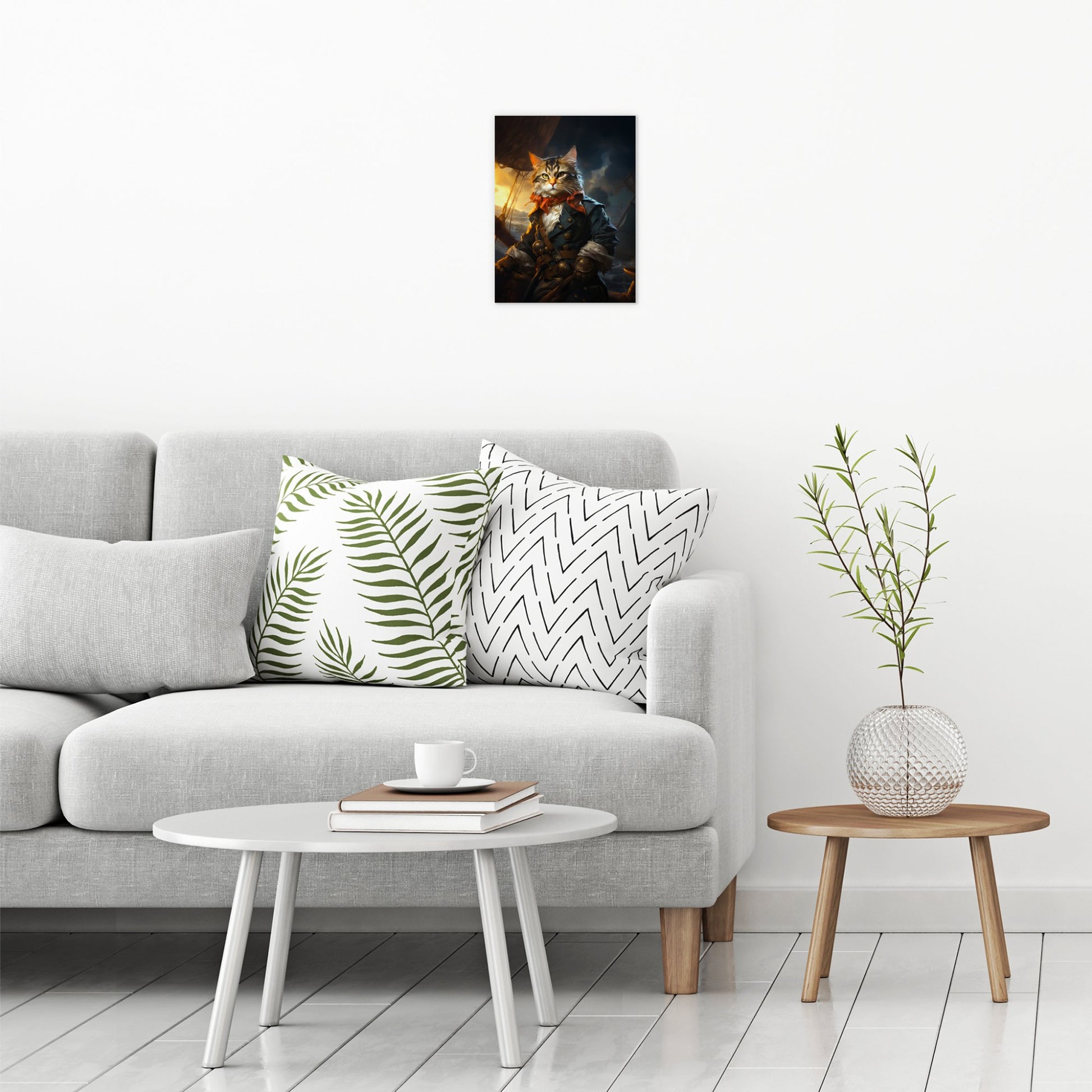 A contemporary modern room view showing a small size metal art poster display plate with printed design of a Pet Portraits - Pirate Cat Painting