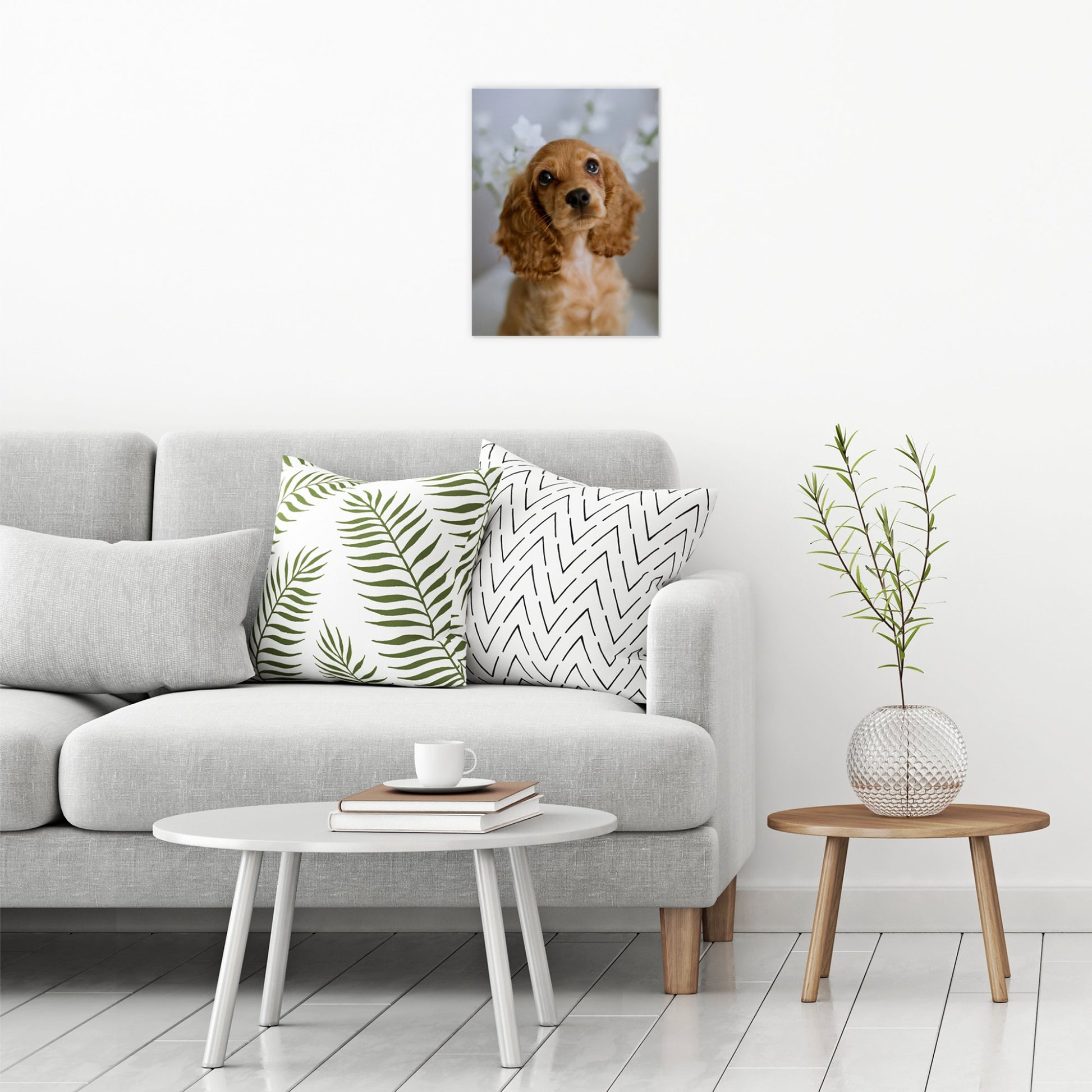 A contemporary modern room view showing a medium size metal art poster display plate with printed design of a Cute Golden Cocker Spaniel