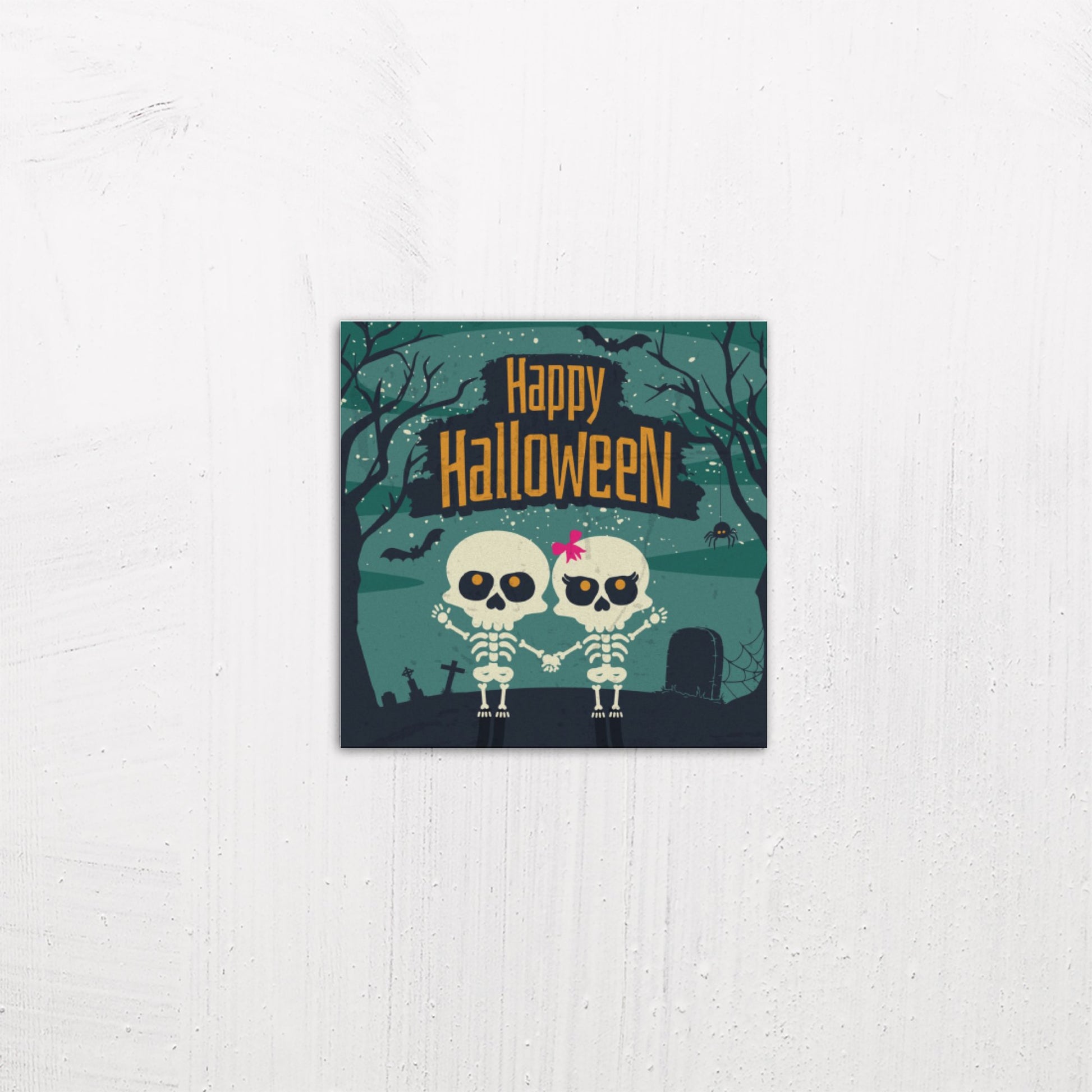 A small size metal art poster display plate with printed design of a Happy Halloween Cute Skeletons