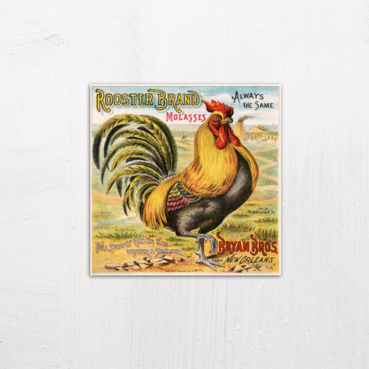 A medium size metal art poster display plate with printed design of a Rooster Brand Molasses Vintage Advertising Poster (1891)