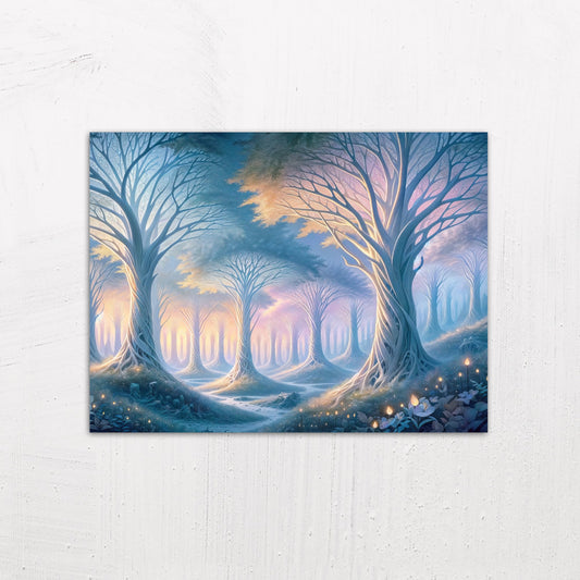 A medium size metal art poster display plate with printed design of a Mystical Forest