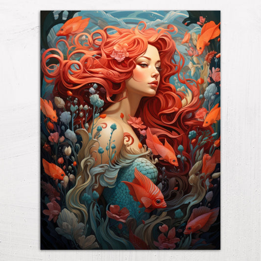 A large size metal art poster display plate with printed design of a Mermaid Fantasy Painting