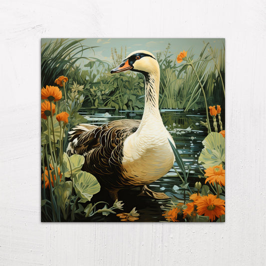 A large size metal art poster display plate with printed design of a Goose on a Riverbank illustration