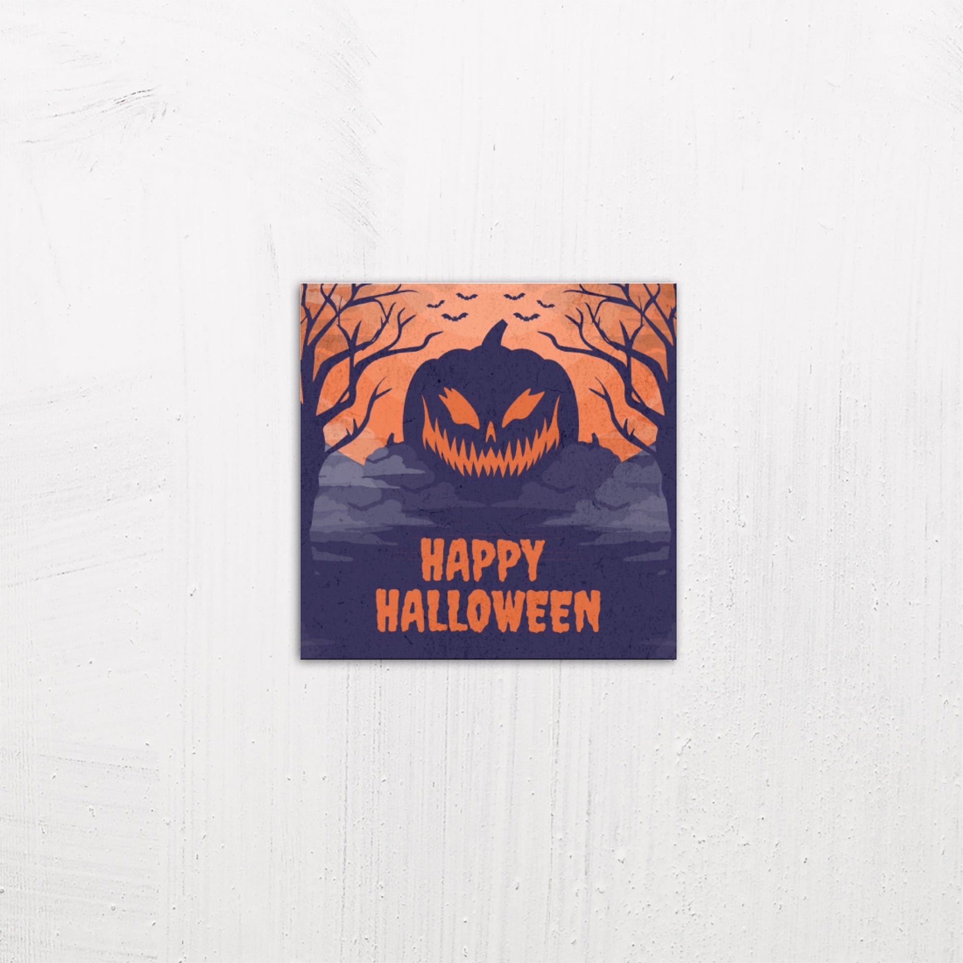 A small size metal art poster display plate with printed design of a Happy Halloween Scary Pumpkin