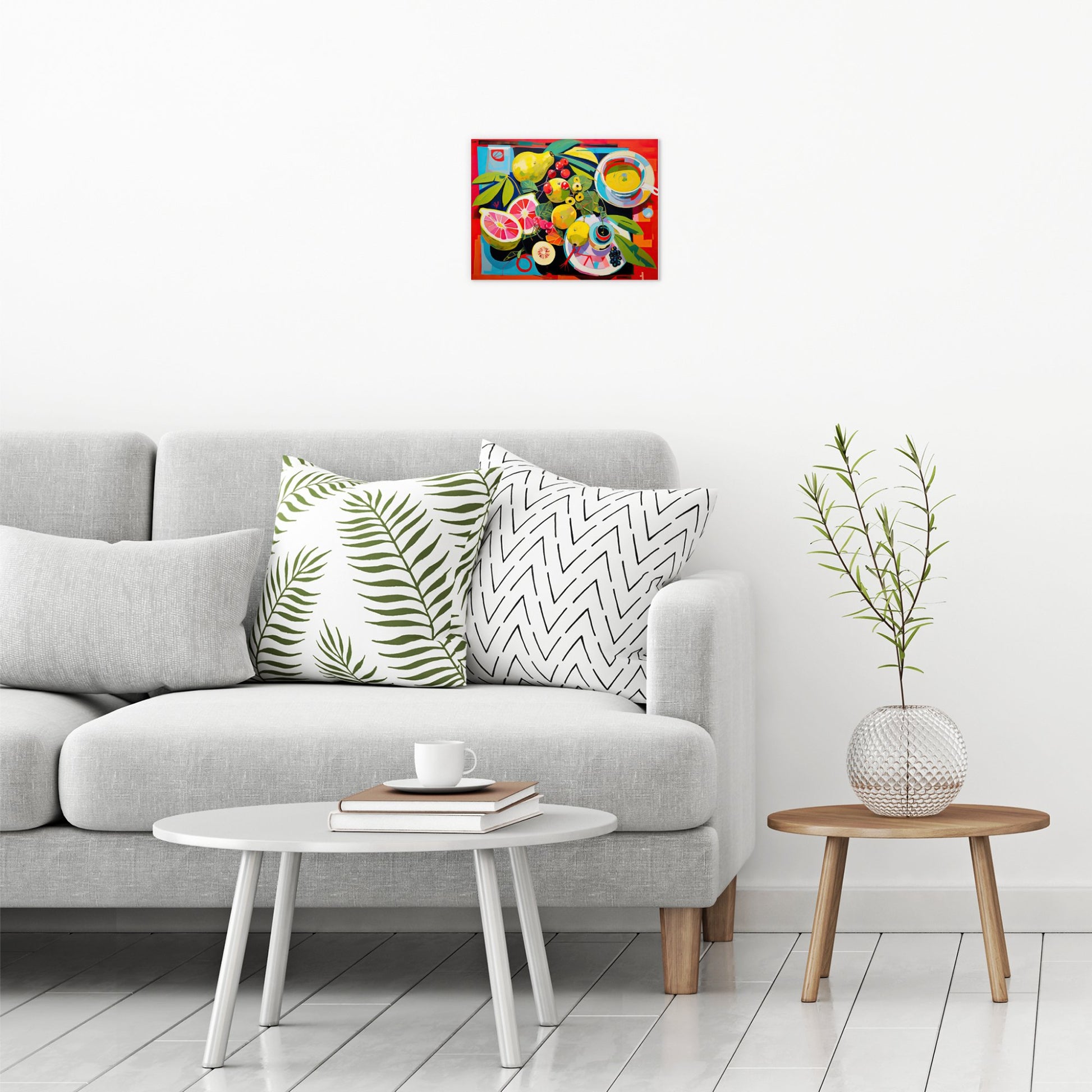 A contemporary modern room view showing a small size metal art poster display plate with printed design of a Still Life with Fruit Painting
