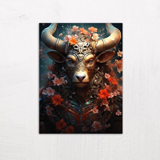 A medium size metal art poster display plate with printed design of a Magical Minotaur Fantasy Painting