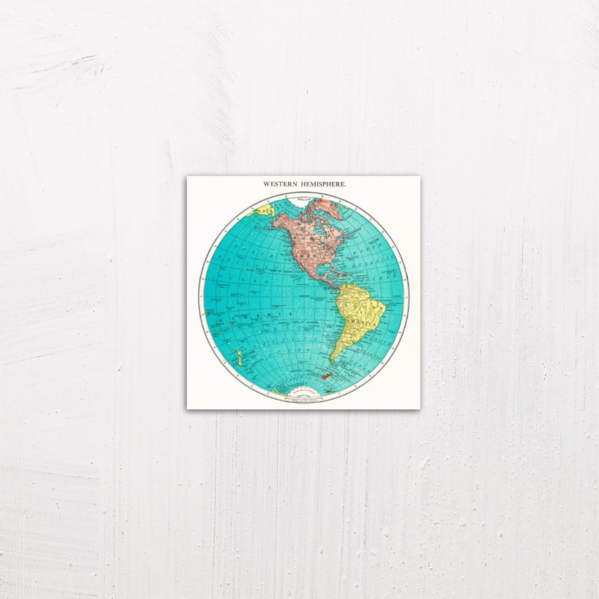 A small size metal art poster display plate with printed design of a Western Hemisphere, Vintage World Atlas by Rand McNally and Co (1908)