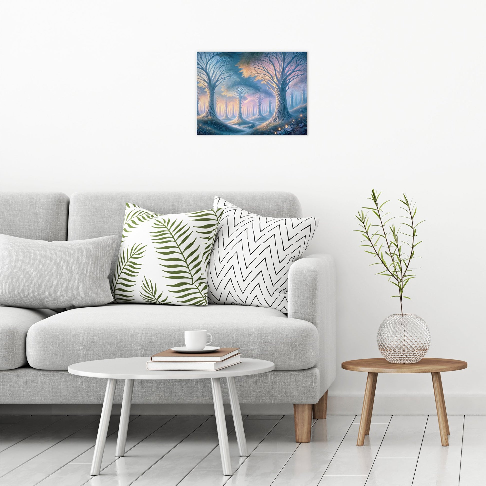 A contemporary modern room view showing a medium size metal art poster display plate with printed design of a Mystical Forest