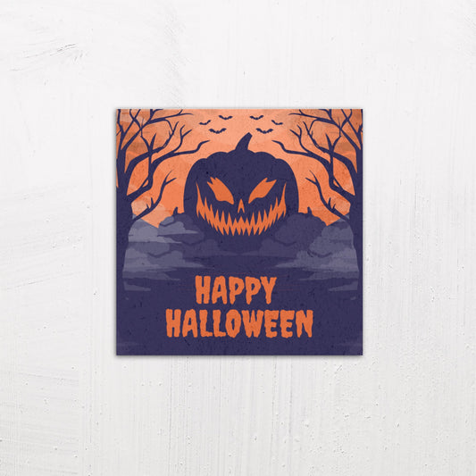 A medium size metal art poster display plate with printed design of a Happy Halloween Scary Pumpkin