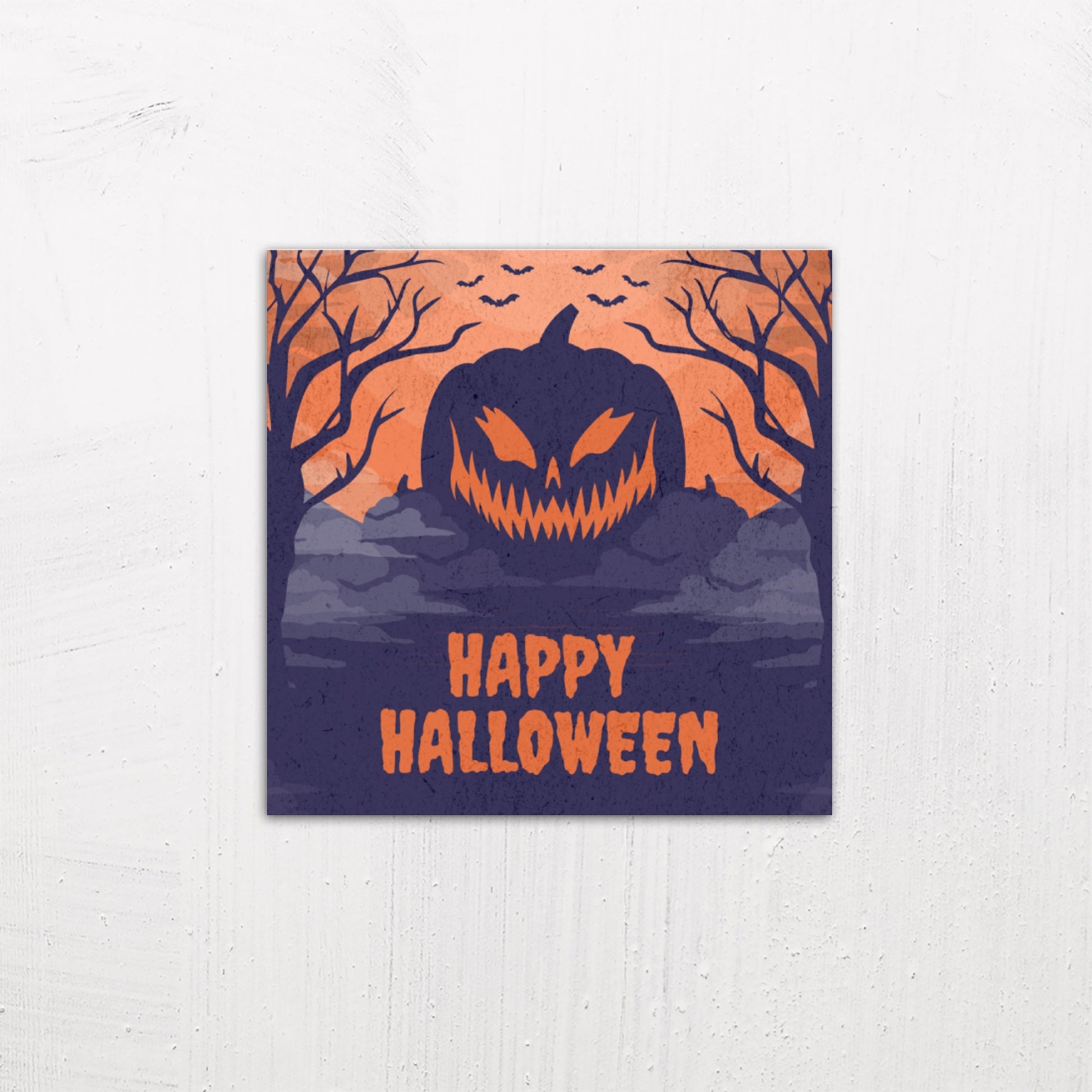 A medium size metal art poster display plate with printed design of a Happy Halloween Scary Pumpkin