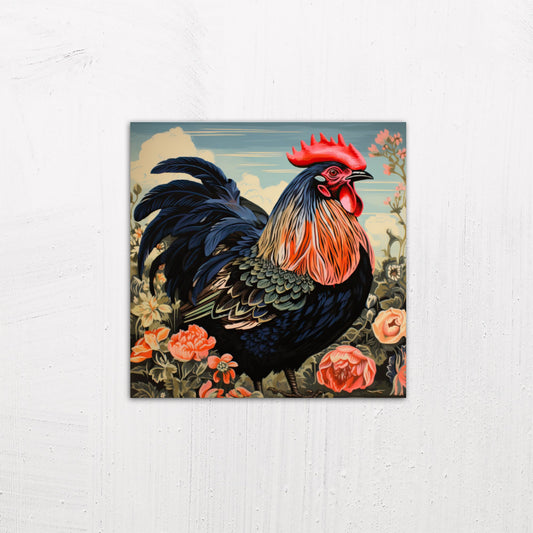 A medium size metal art poster display plate with printed design of a Cockerel Among the Flowers illustration
